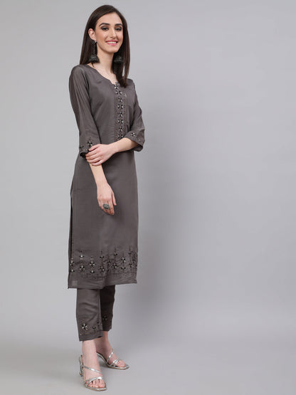 Women's Grey Embroidered Kurta Pant With Dupatta