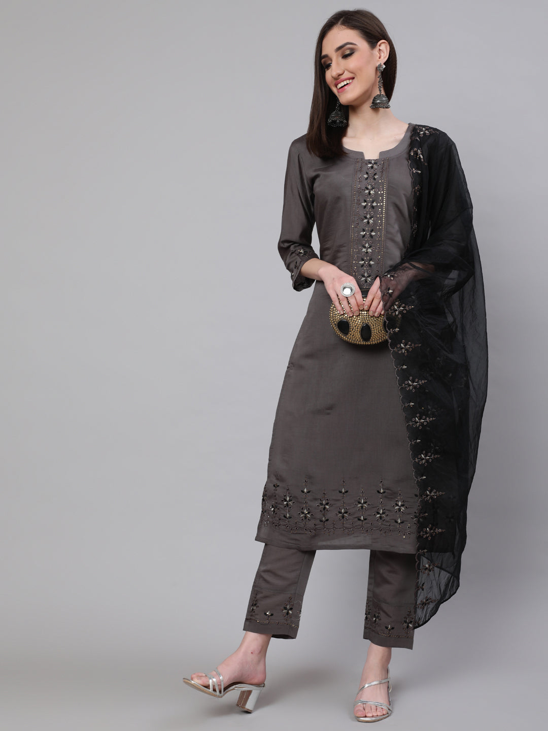 Women's Grey Embroidered Kurta Pant With Dupatta