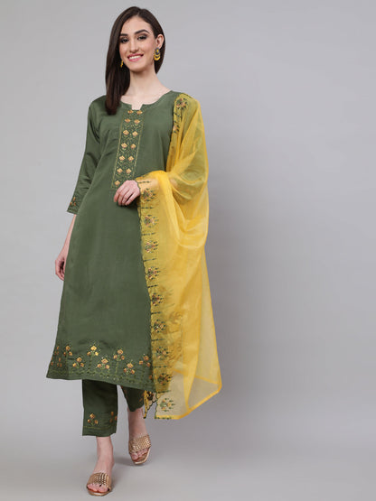 Women's Green Embroidered Kurta Pant With Dupatta