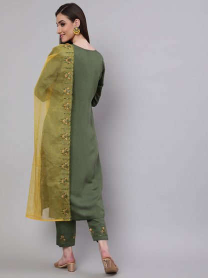 Women's Green Embroidered Kurta Pant With Dupatta