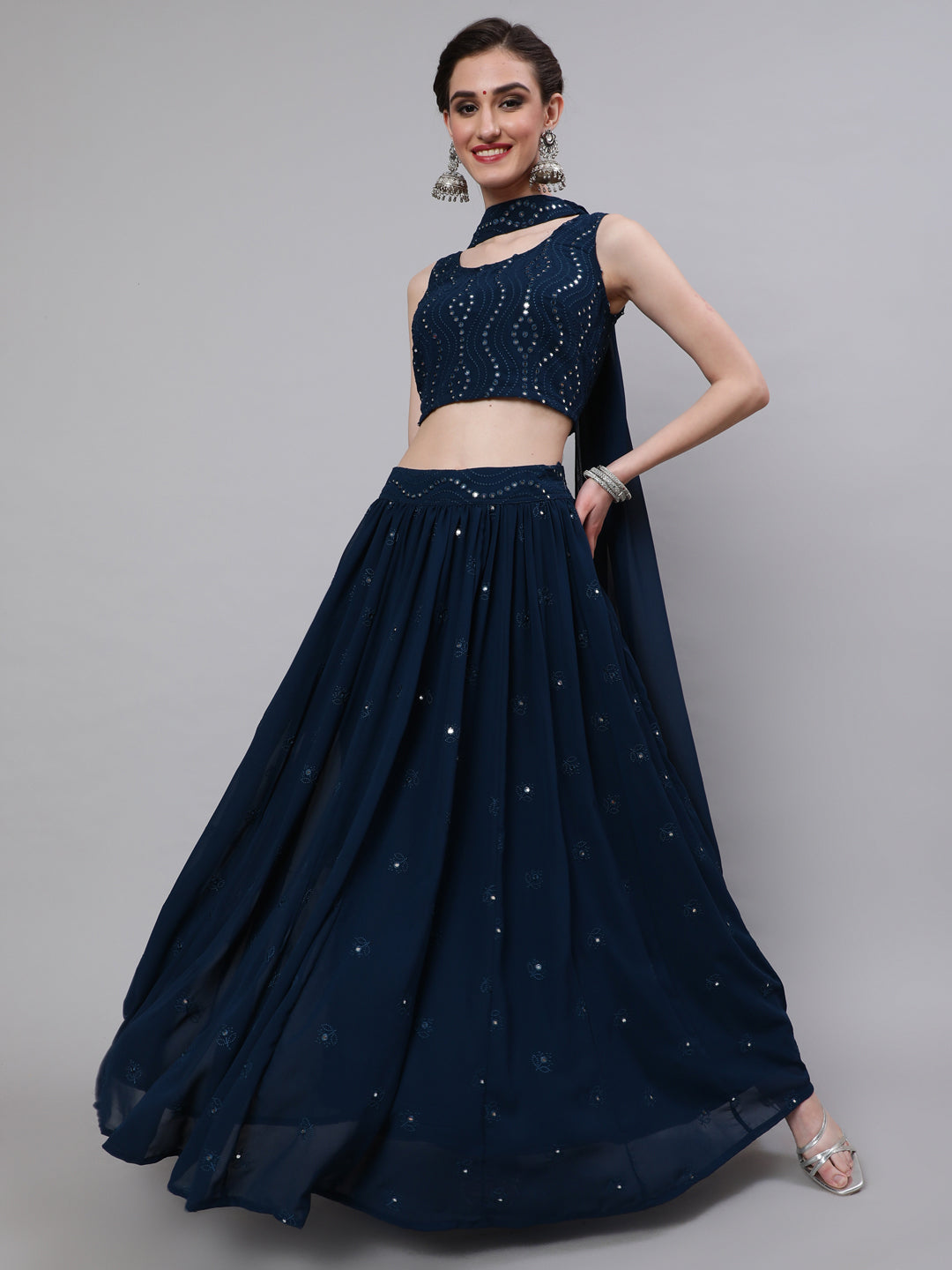 Women's Blue Mirror Work Lehenga Choli With Dupatta