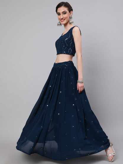 Women's Blue Mirror Work Lehenga Choli With Dupatta