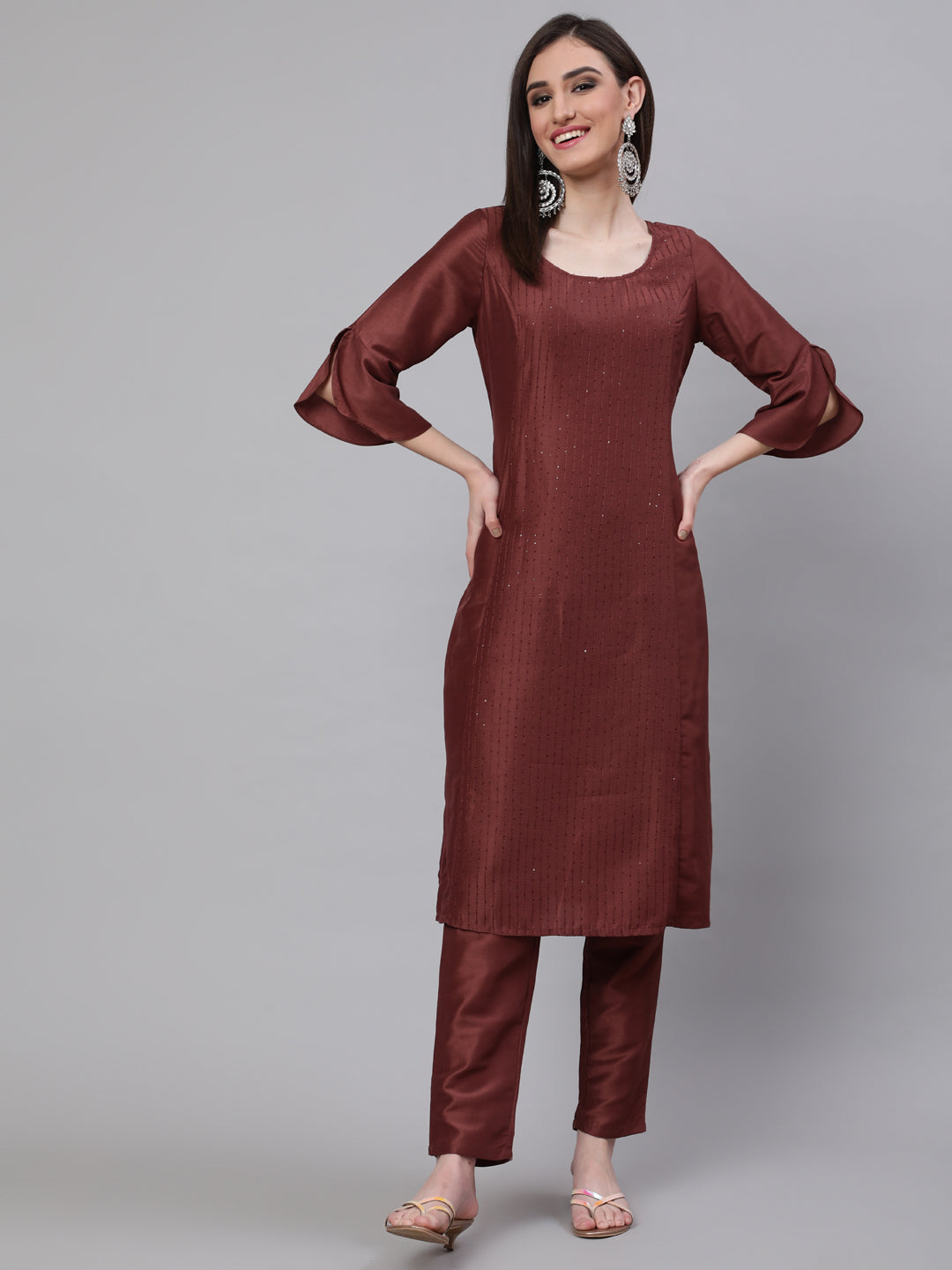 Women's Brown Sequin A-Line Kurta With Pant