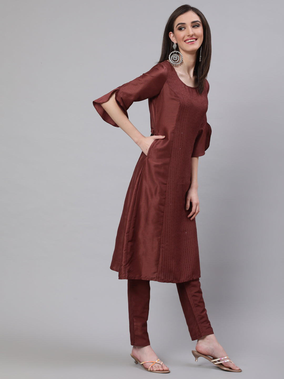 Women's Brown Sequin A-Line Kurta With Pant