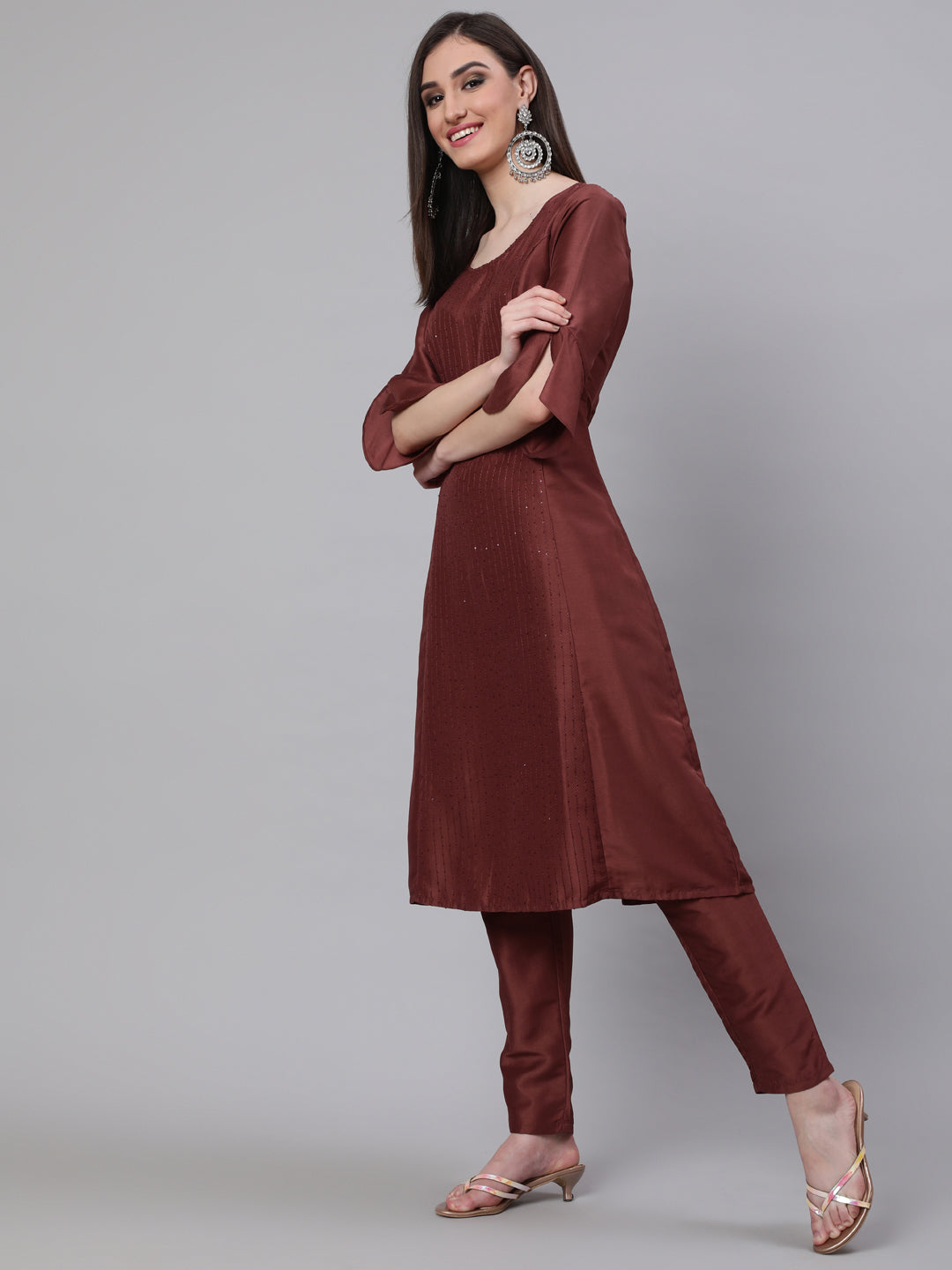 Women's Brown Sequin A-Line Kurta With Pant