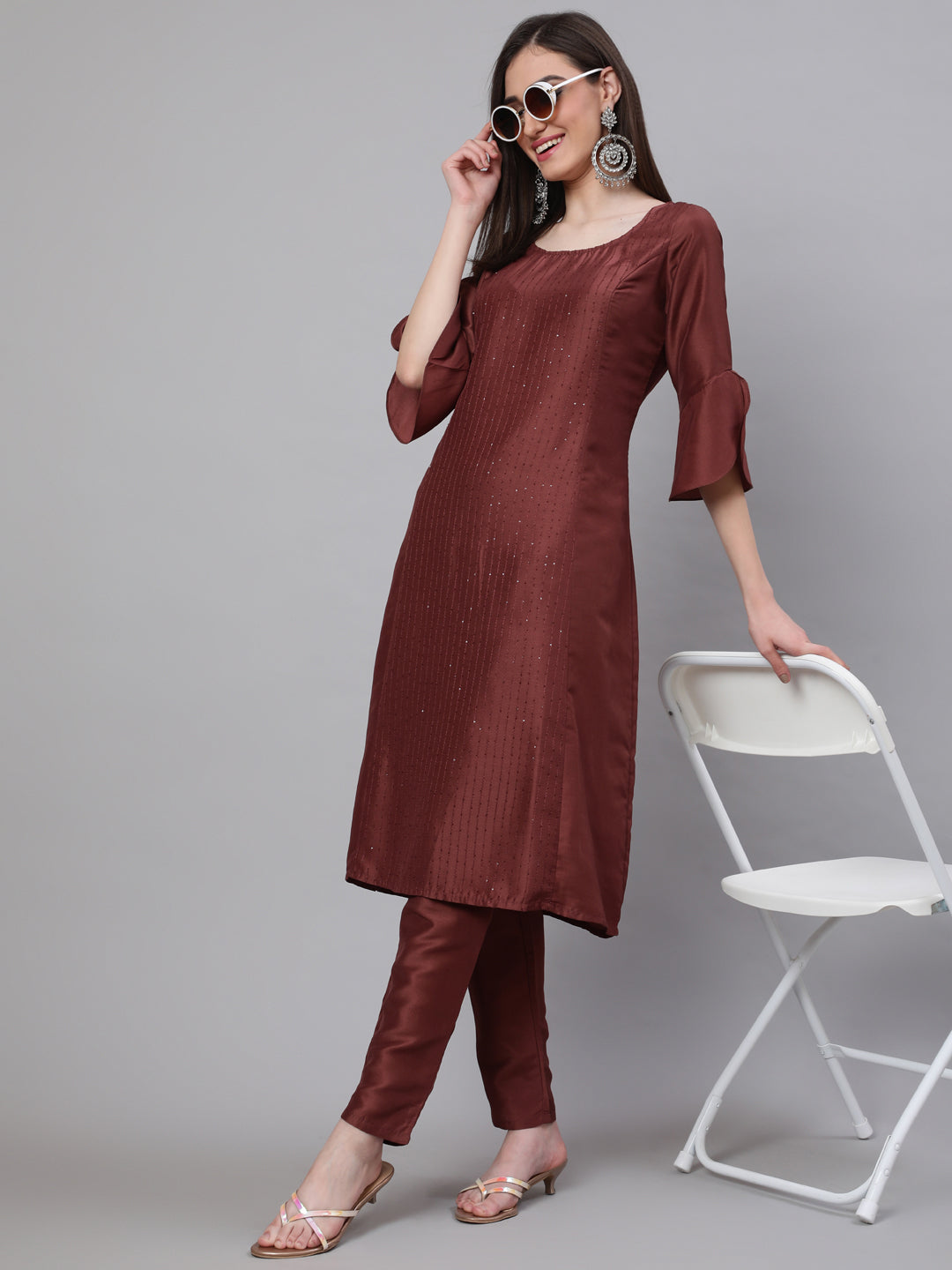 Women's Brown Sequin A-Line Kurta With Pant