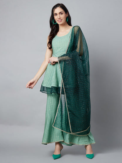 Women's Green Sequin Kurta Sharara With Dupatta