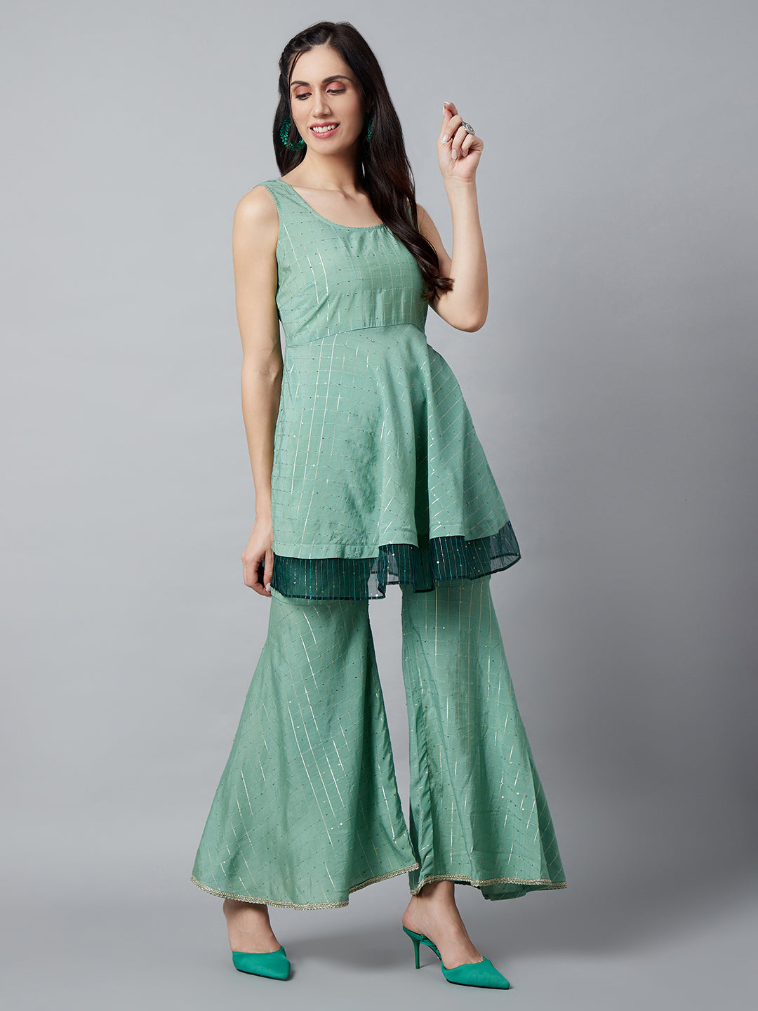 Women's Green Sequin Kurta Sharara With Dupatta