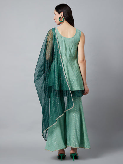 Women's Green Sequin Kurta Sharara With Dupatta