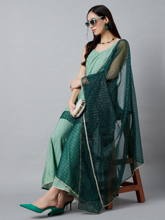 Women's Green Sequin Kurta Sharara With Dupatta