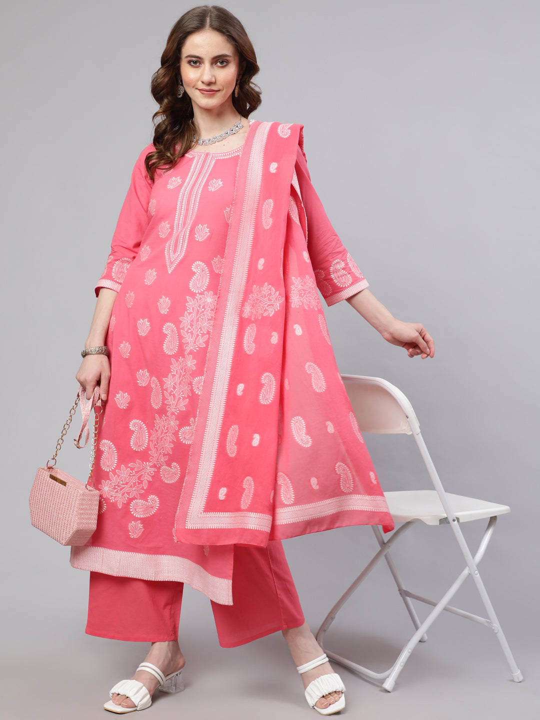 Women's Pink Embroidered Kurta Palazzo With Dupatta