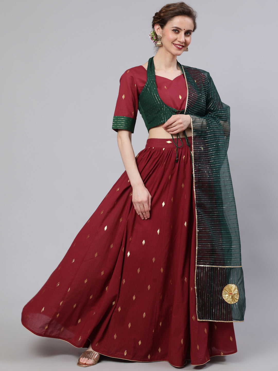 Women's Maroon Woven Designed Lehenga Choli With Dupatta