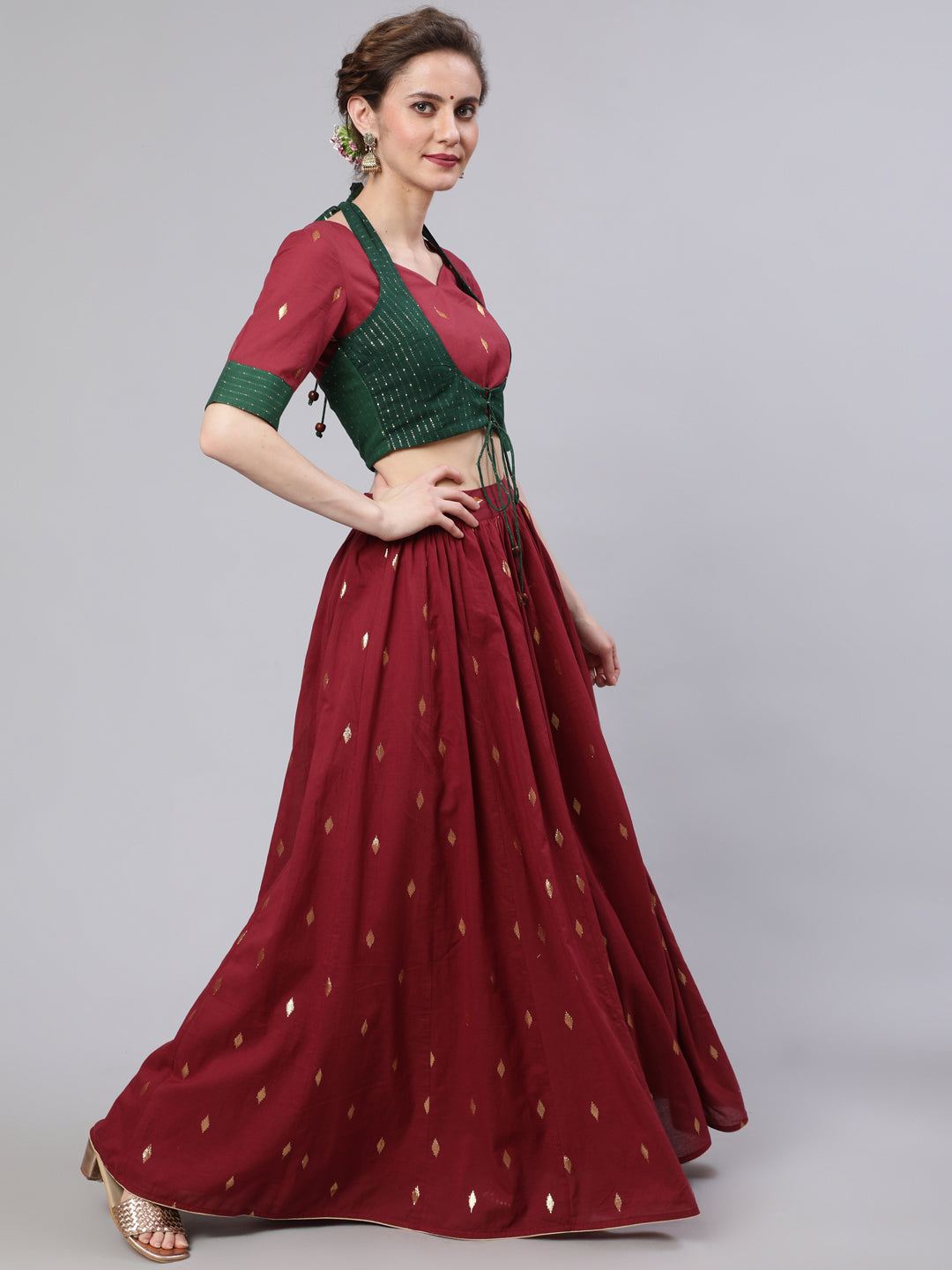 Women's Maroon Woven Designed Lehenga Choli With Dupatta