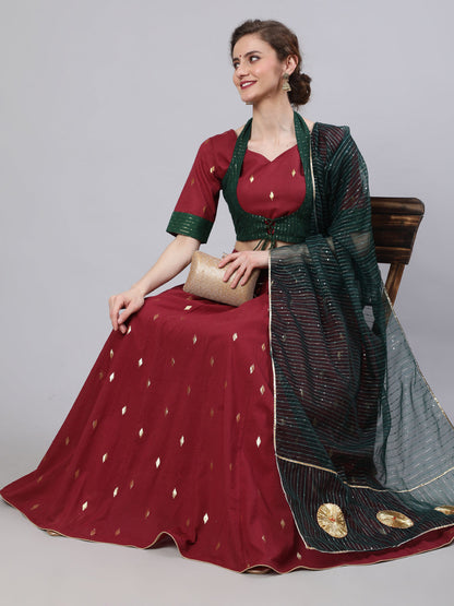 Women's Maroon Woven Designed Lehenga Choli With Dupatta