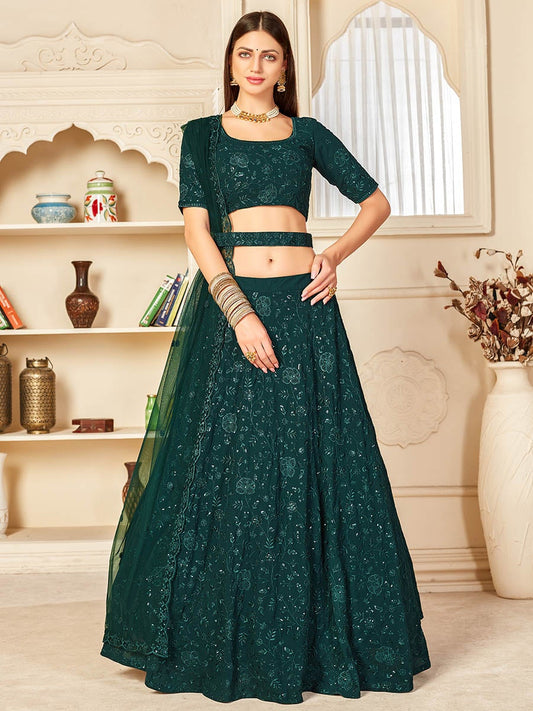 Women's Green Georgette Embroidered Lehenga