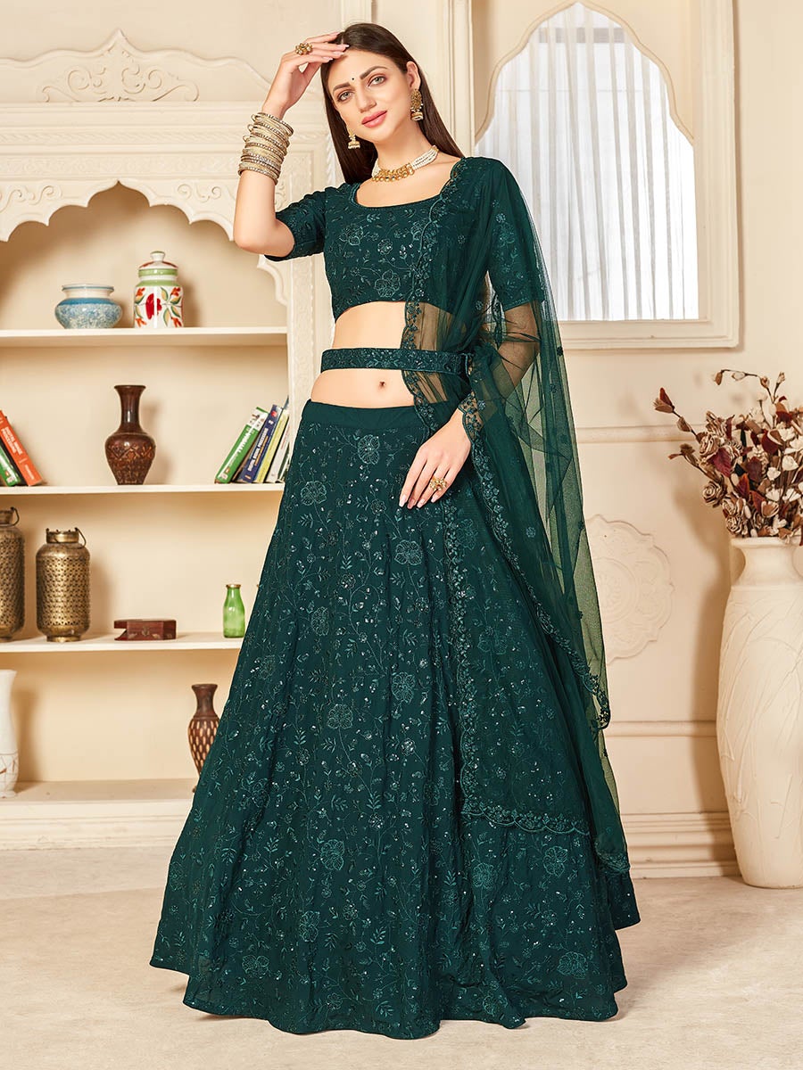 Women's Green Georgette Embroidered Lehenga