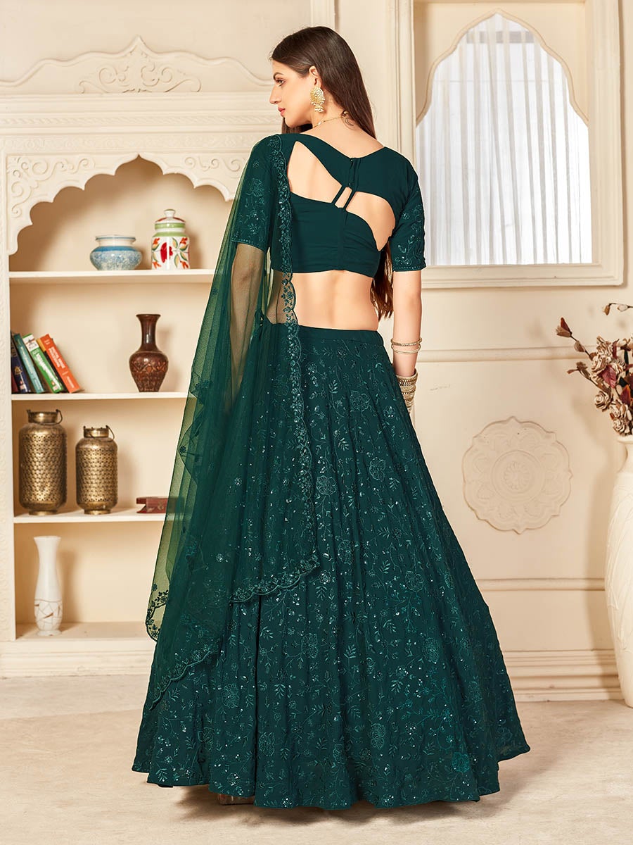 Women's Green Georgette Embroidered Lehenga