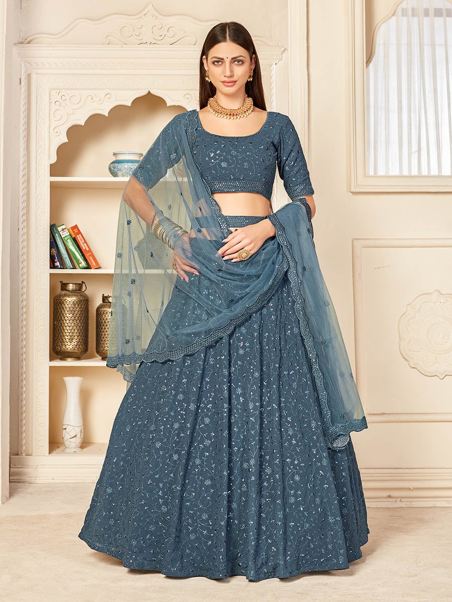 Women's Grey Georgette Embroidered Lehenga