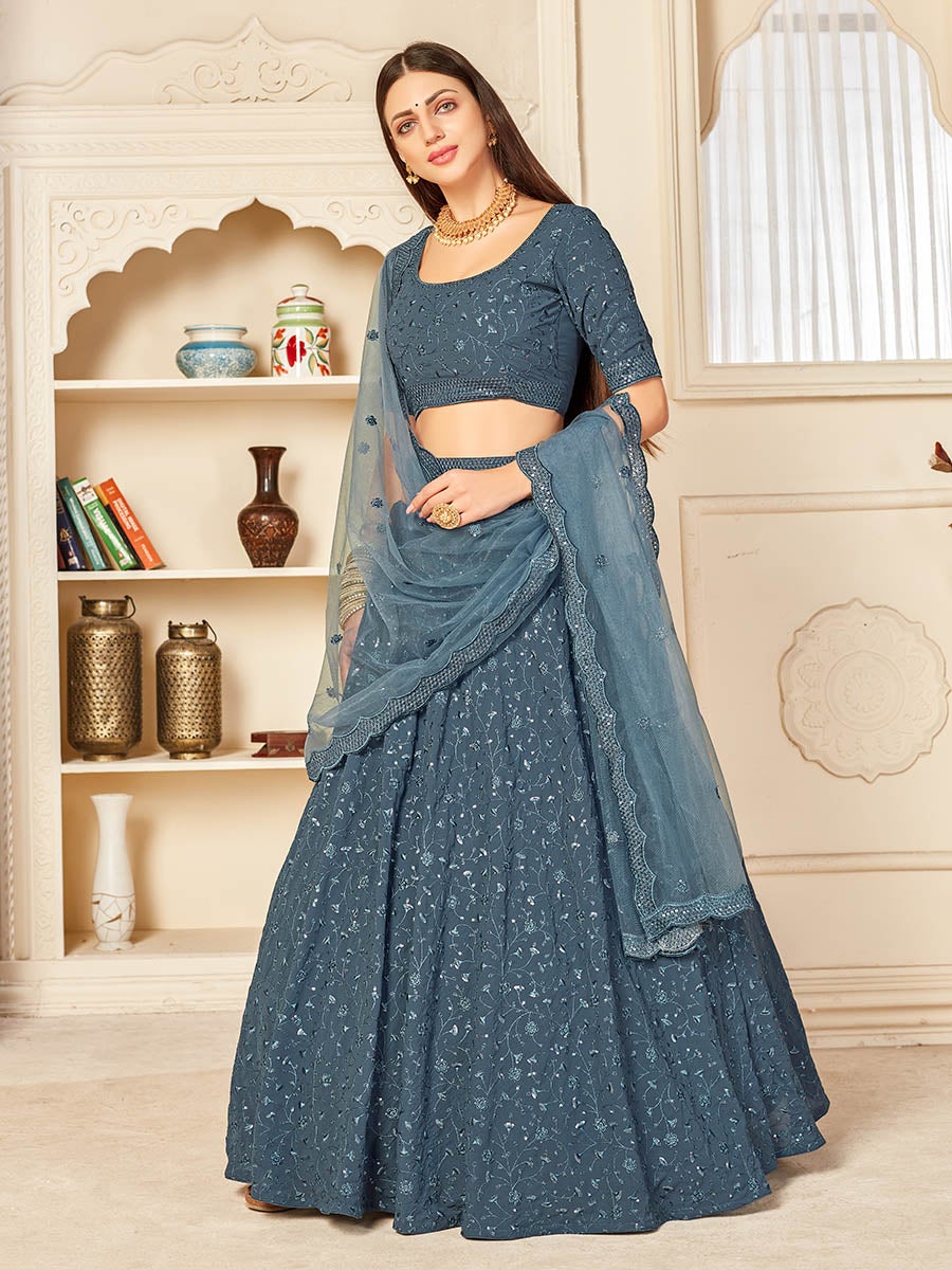 Women's Grey Georgette Embroidered Lehenga