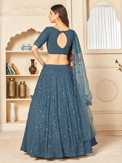 Women's Grey Georgette Embroidered Lehenga