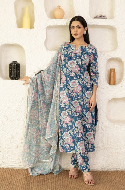 Women's Blue Cotton Floral Prined Kurta With Pant & Dupatta Set  (3 Pc Set)