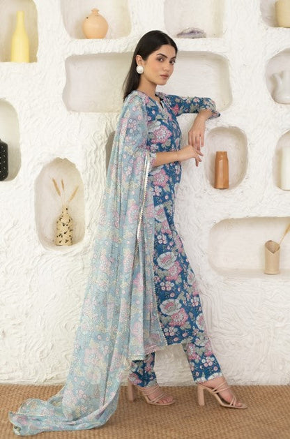 Women's Blue Cotton Floral Prined Kurta With Pant & Dupatta Set  (3 Pc Set)