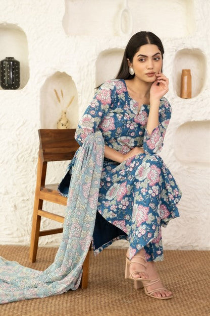 Women's Blue Cotton Floral Prined Kurta With Pant & Dupatta Set  (3 Pc Set)