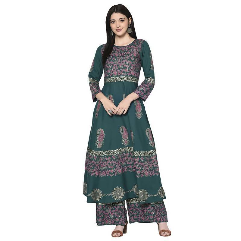 Women's Teal Blue Anarkali suit with Palazzo set by - (2pcs set)