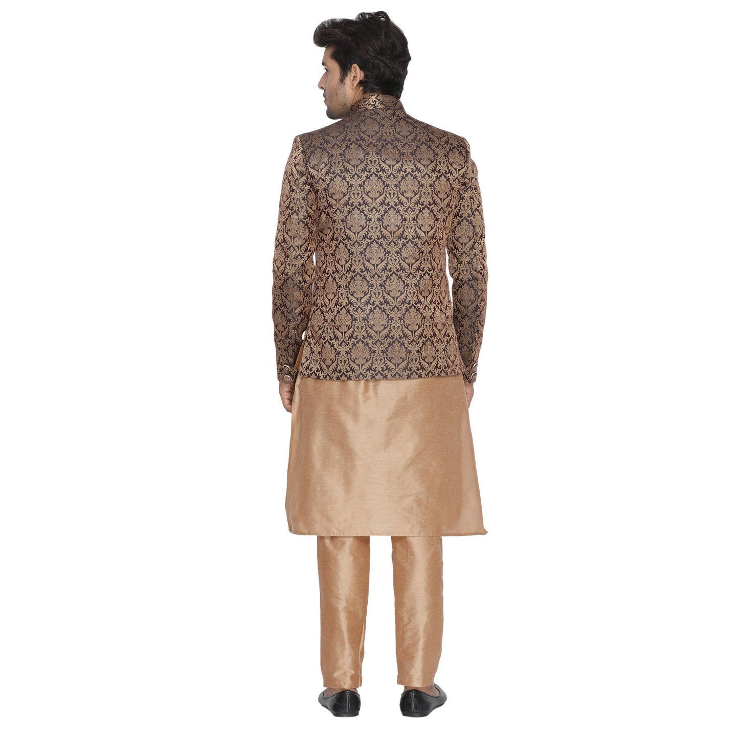 Men's Brown Cotton Silk Blend Kurta, Waistcoat and Breeches Set