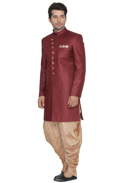 Men's Maroon Jute Cotton Blend Sherwani Set