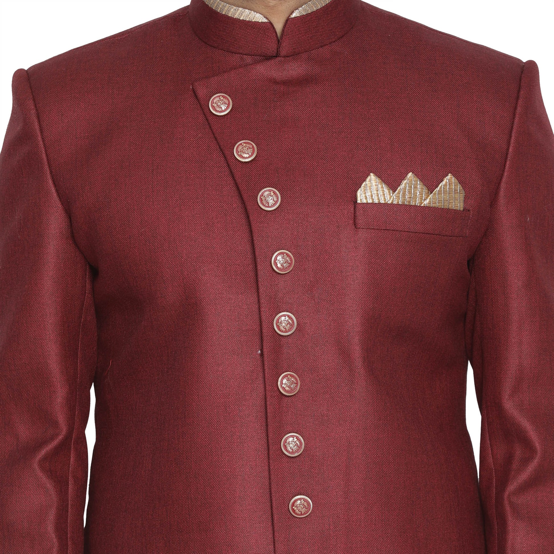 Men's Maroon Jute Cotton Blend Sherwani Set