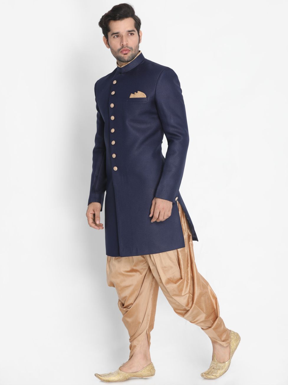 Men's Dark Blue Silk Blend Sherwani Set