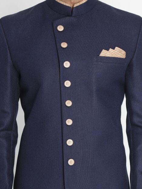 Men's Dark Blue Silk Blend Sherwani Set