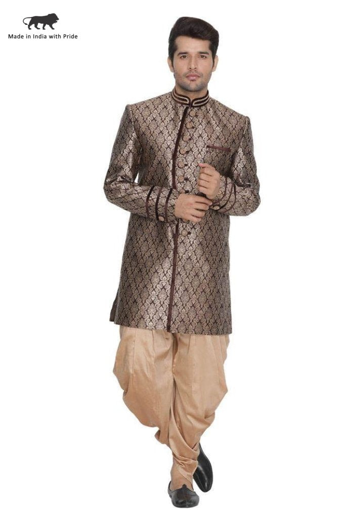 Men's Brown Cotton Silk Blend Sherwani Set