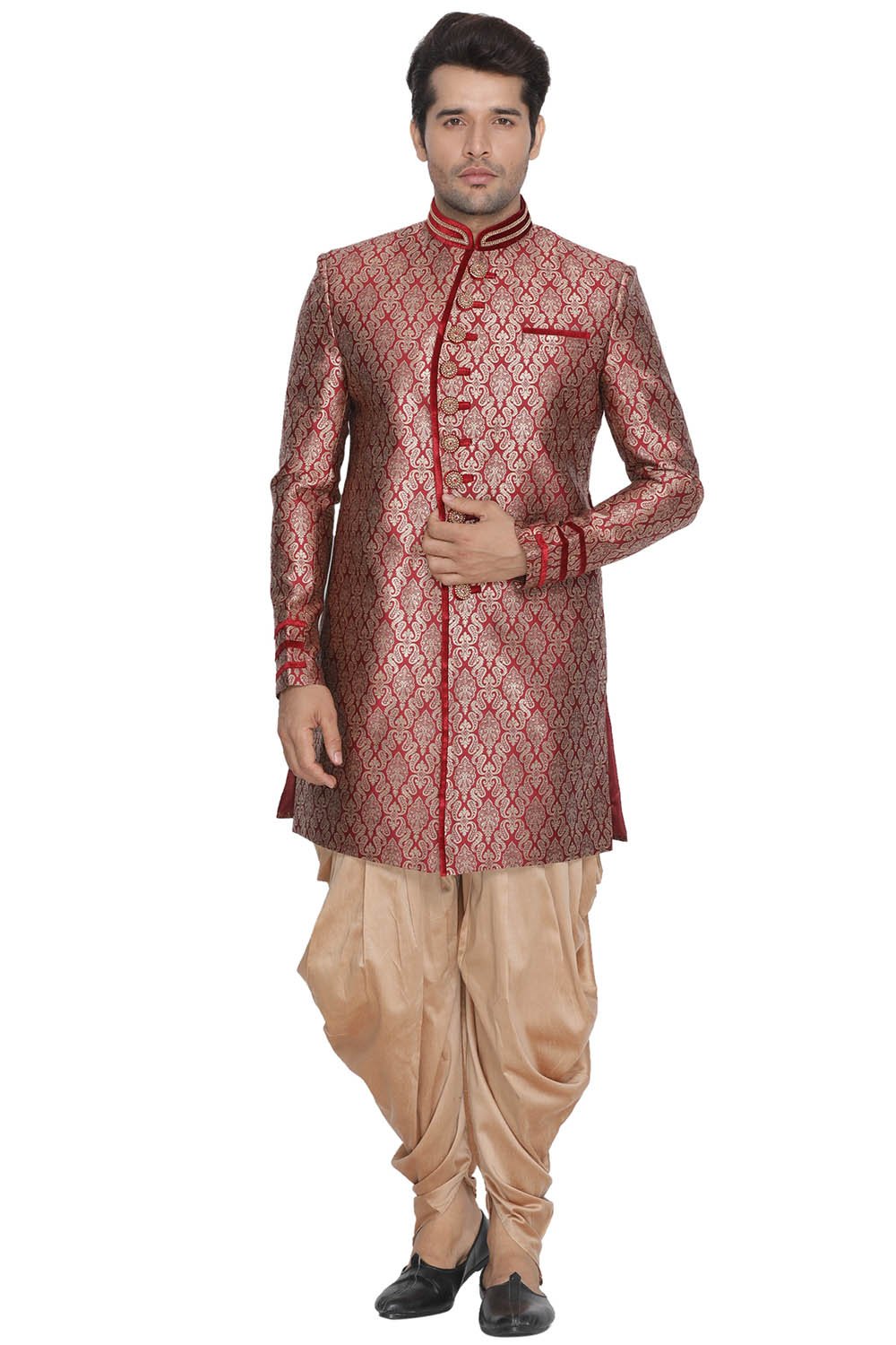 Men's Maroon Silk Blend Sherwani Set