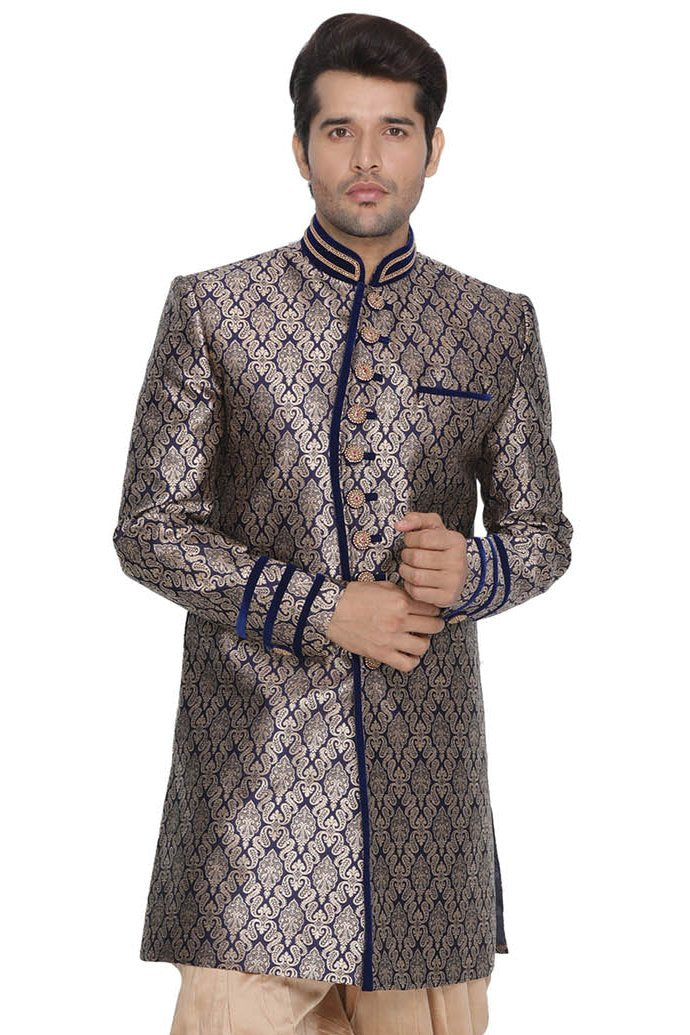 Men's Dark Blue Silk Blend Sherwani Set