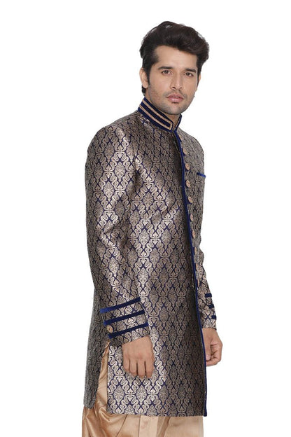 Men's Dark Blue Silk Blend Sherwani Set