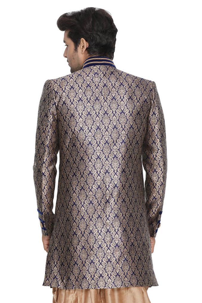 Men's Dark Blue Silk Blend Sherwani Set