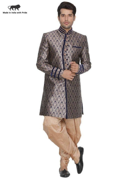 Men's Blue Cotton Silk Blend Sherwani Set