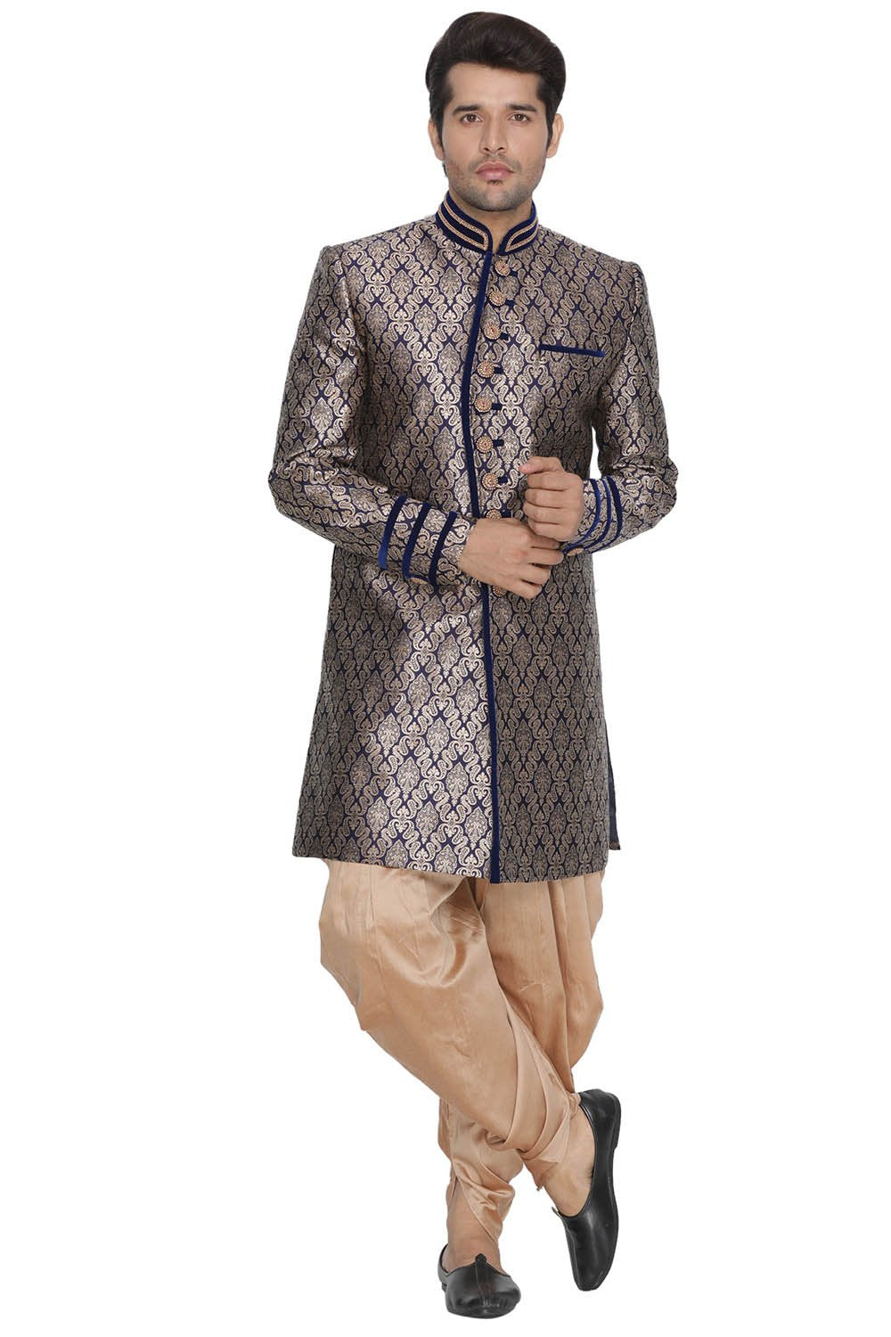 Men's Dark Blue Silk Blend Sherwani Set