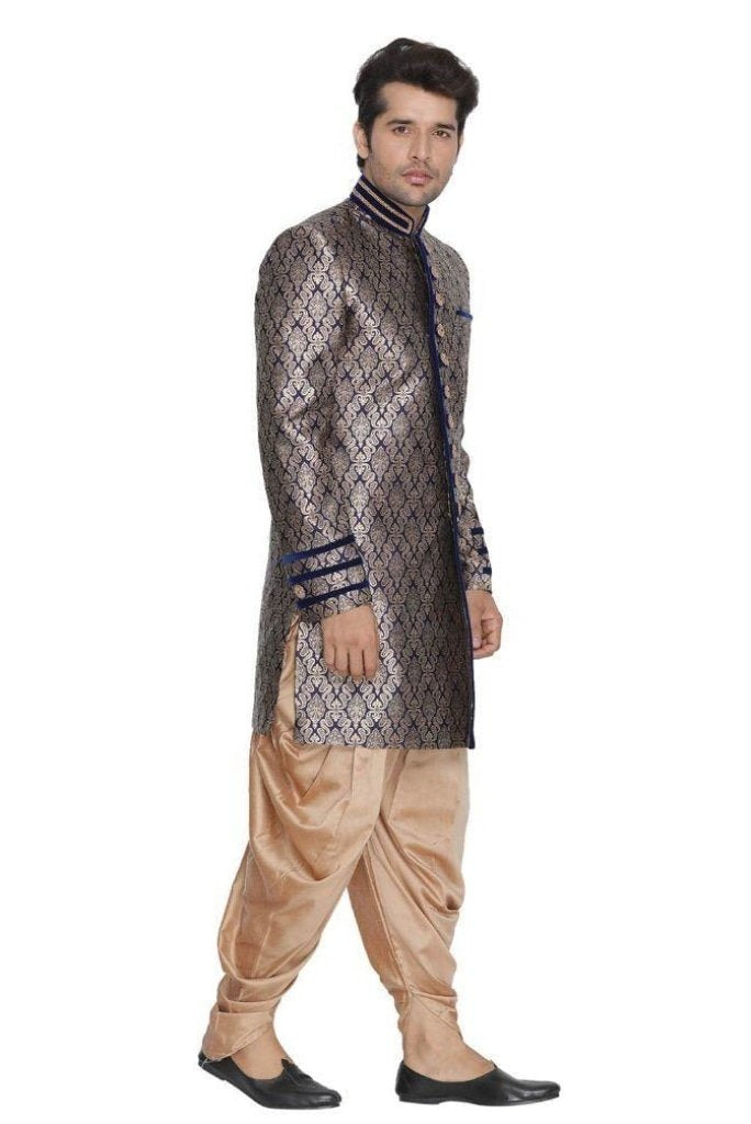 Men's Blue Cotton Silk Blend Sherwani Set