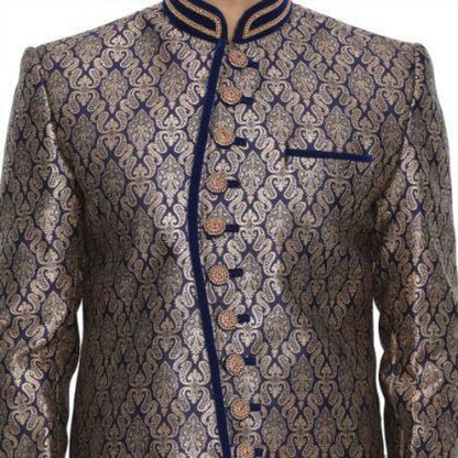 Men's Blue Cotton Silk Blend Sherwani Set