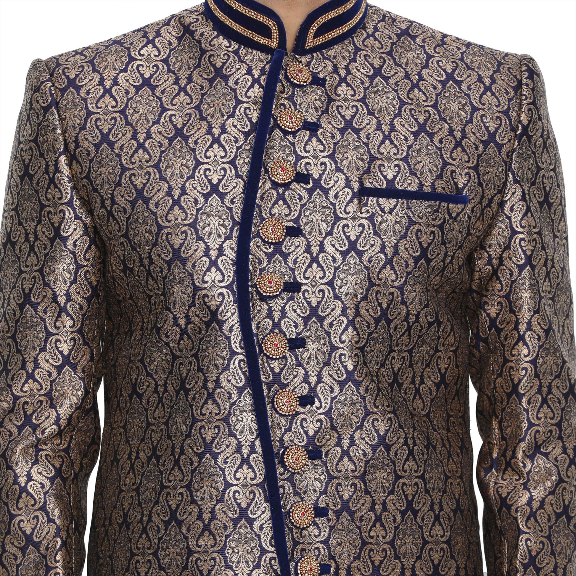 Men's Dark Blue Silk Blend Sherwani Set