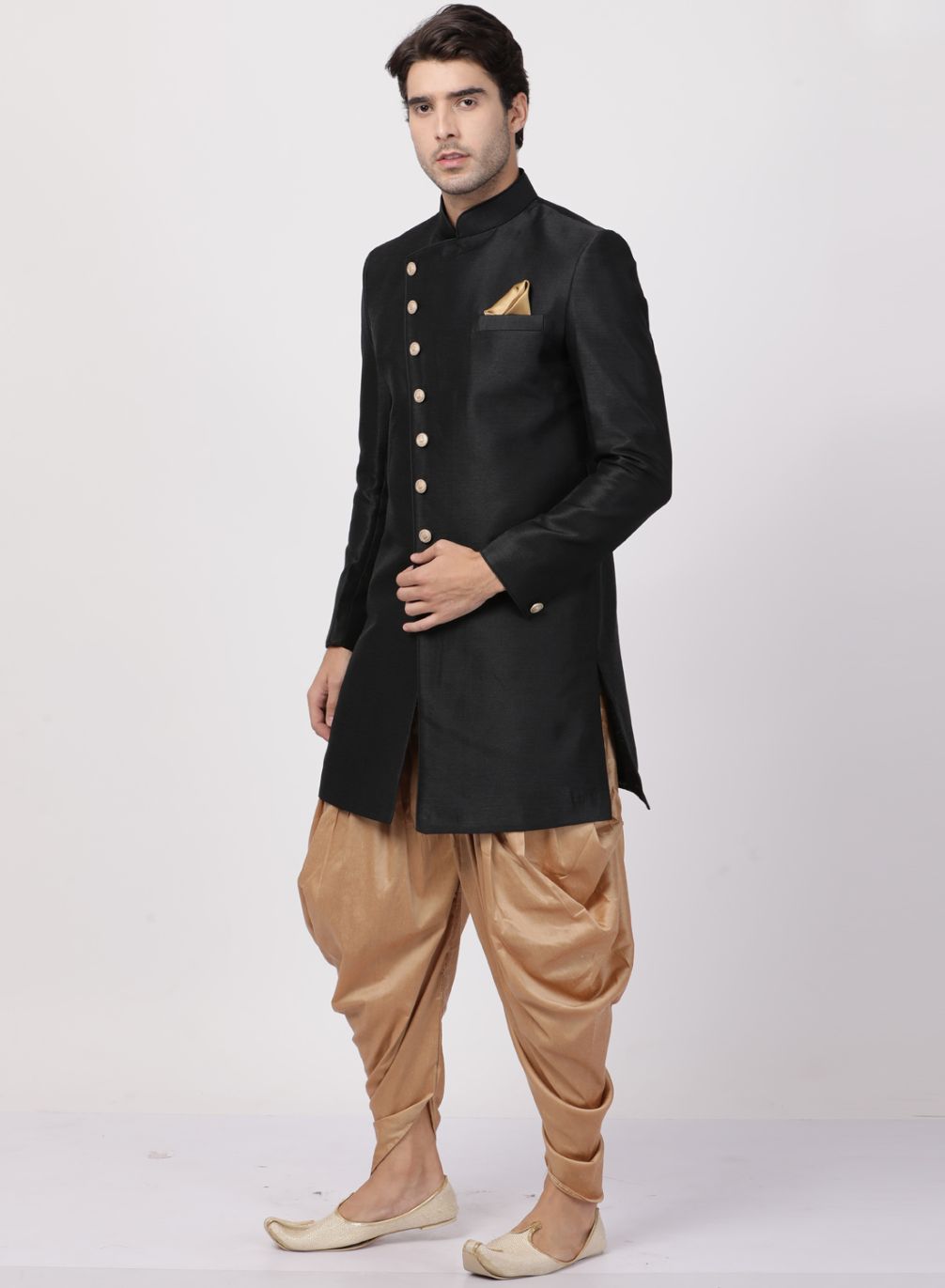 Men's Black Silk Blend Sherwani Set