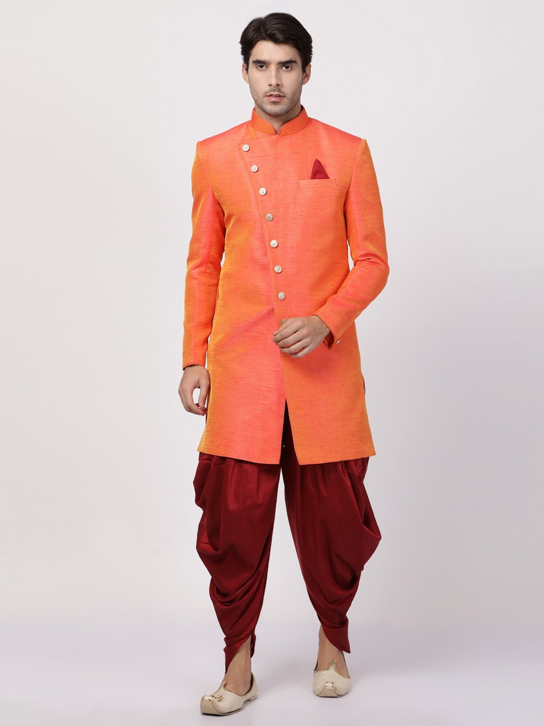 Men's Orange Silk Blend Sherwani Set