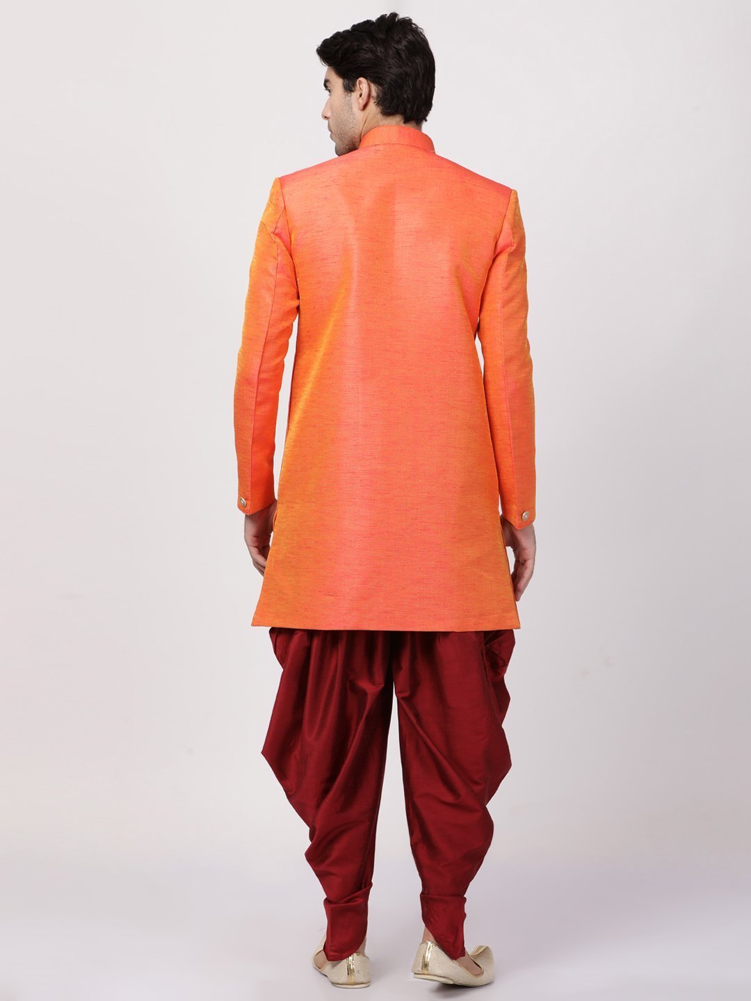 Men's Orange Silk Blend Sherwani Set