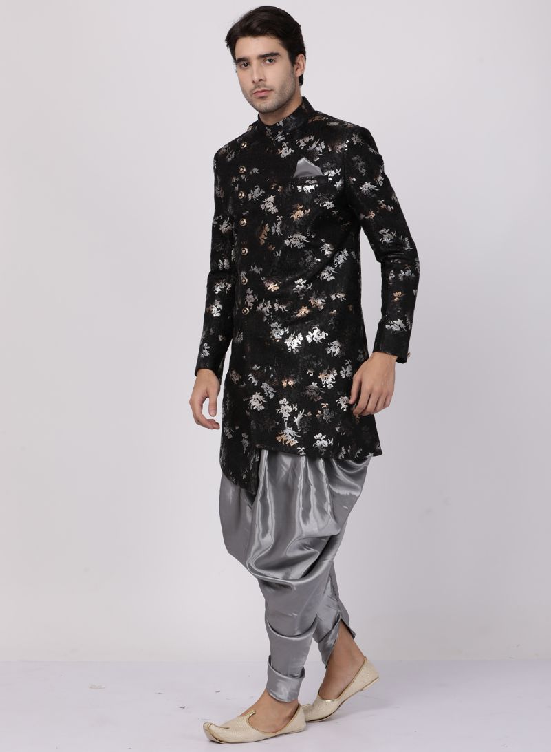 Men's Black Silk Blend Sherwani Set