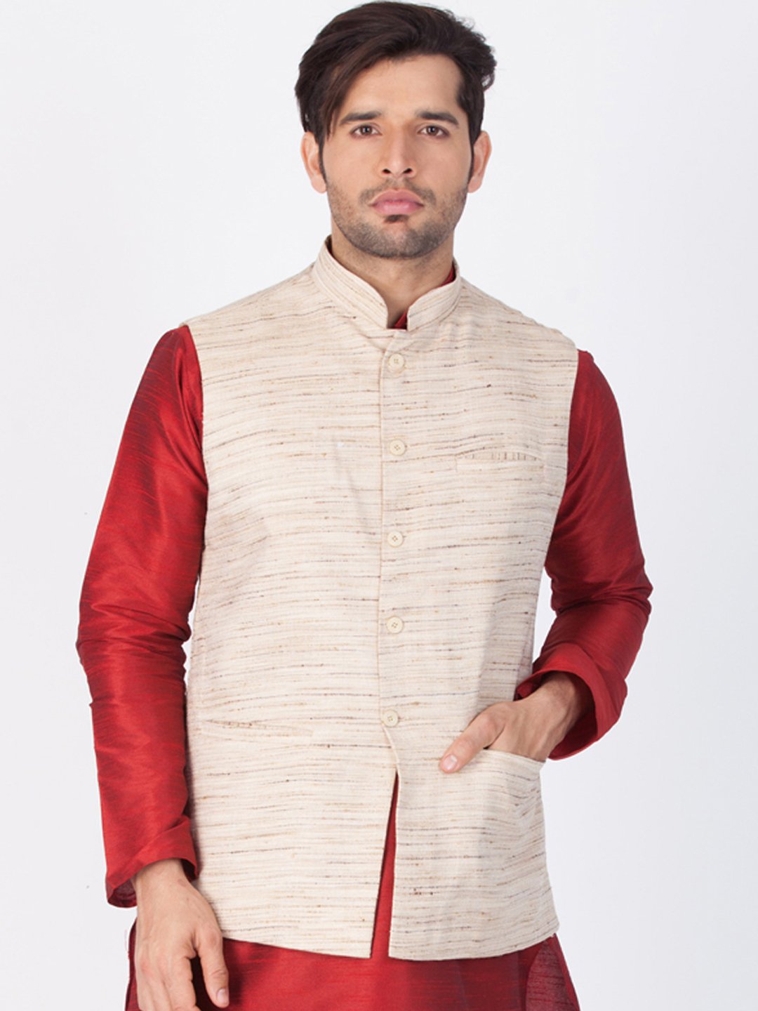 Men's Beige Cotton Blend Ethnic Jacket