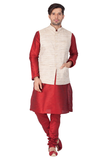 Men's Maroon Cotton Silk Blend Kurta, Ethnic Jacket and Pyjama Set