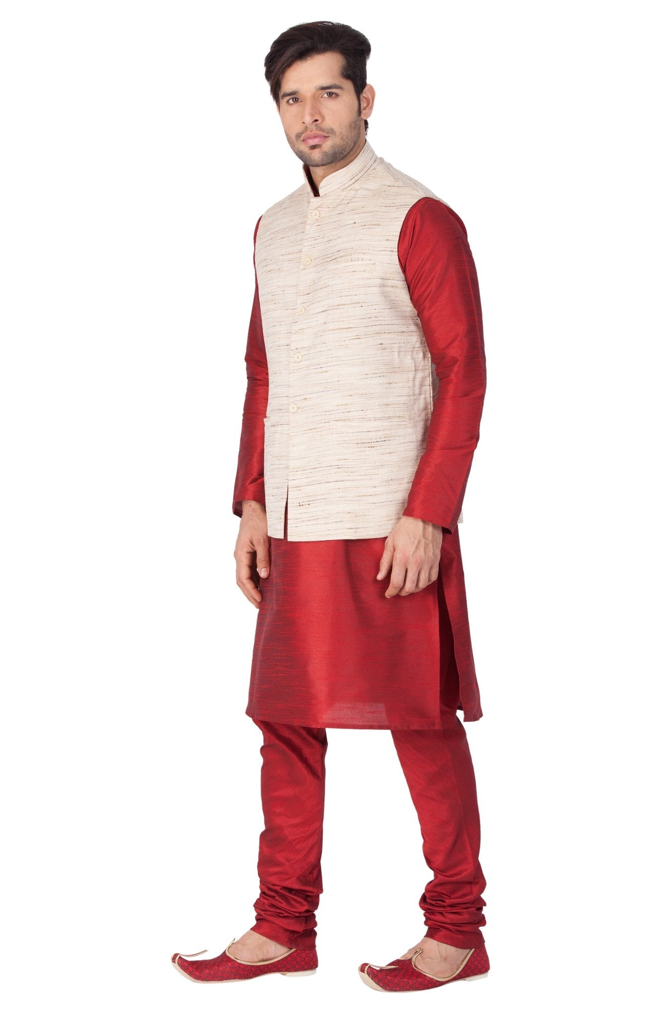 Men's Maroon Cotton Silk Blend Kurta, Ethnic Jacket and Pyjama Set